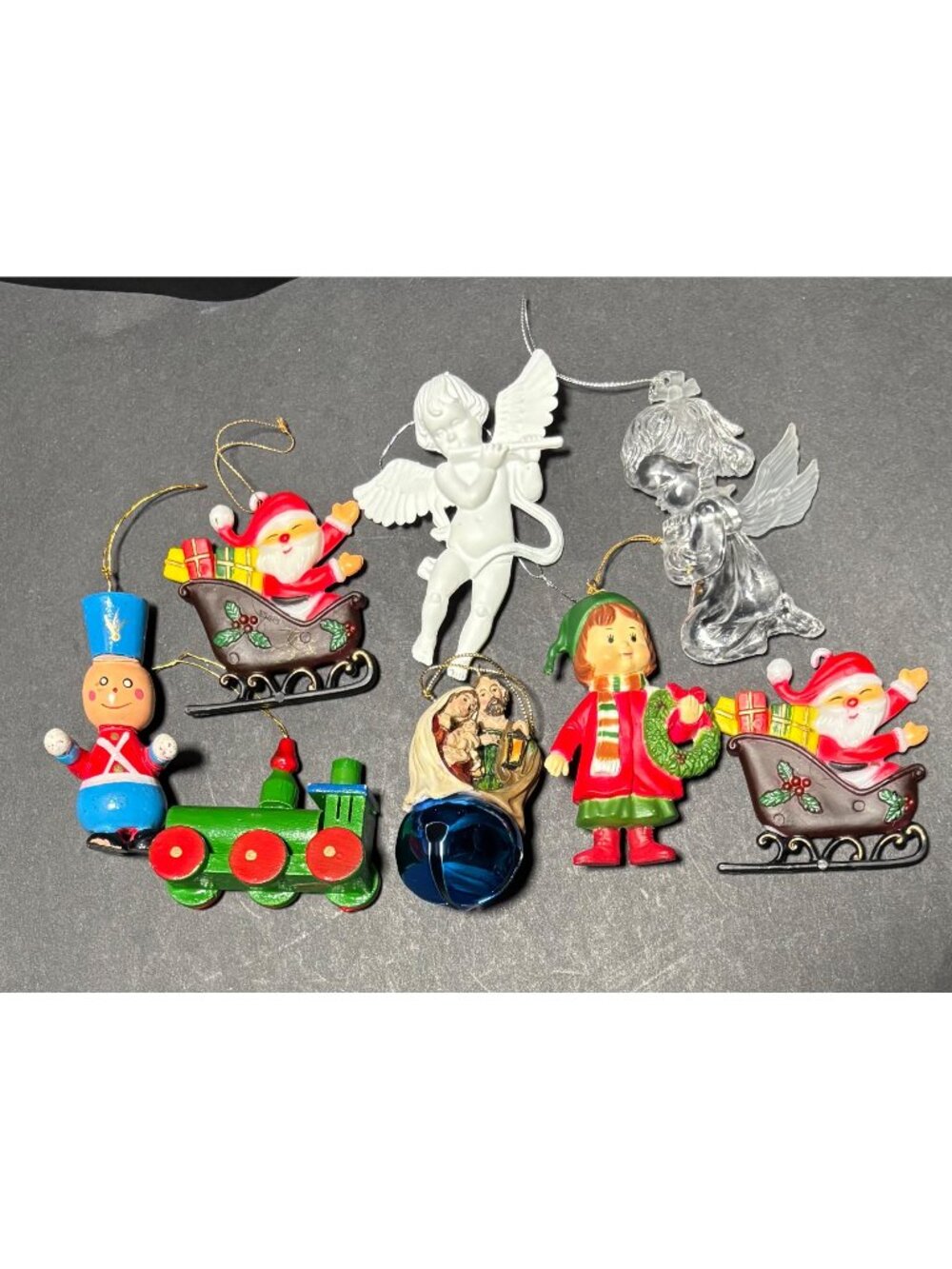 Vintage Christmas Ornaments Lot Of 8 Soldier Sleigh Angel Train Nativity Retro